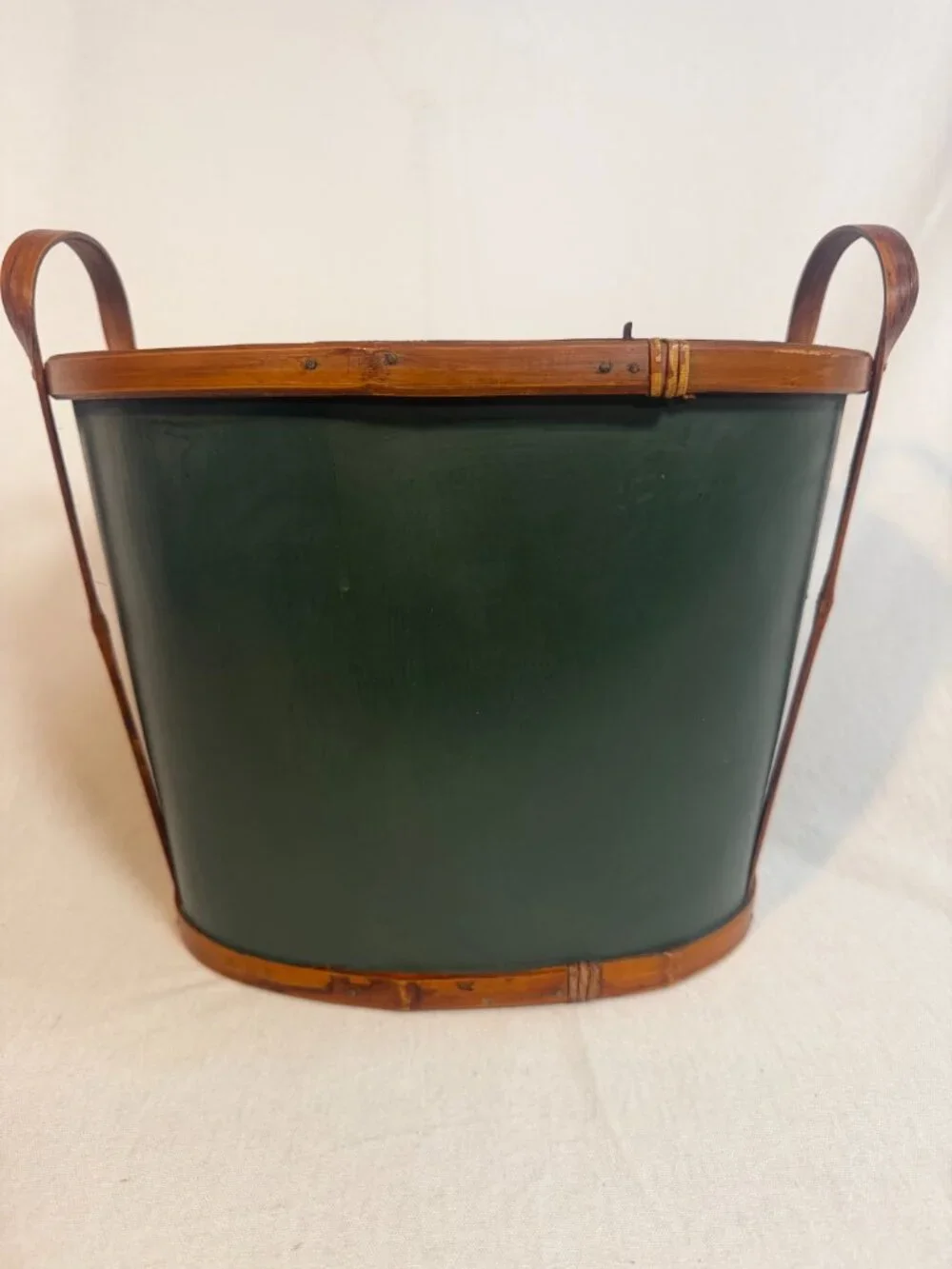 Primitive Bentwood Magazine Basket Rattan Handle Green Accent Early Country Tote